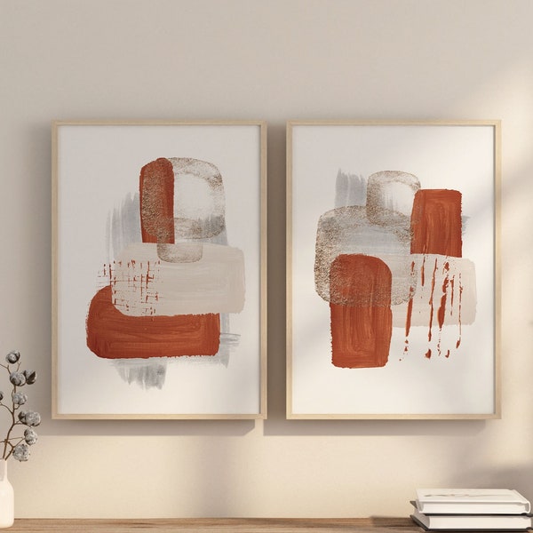 Terracotta Abstract Wall Art, Orange and Grey Watercolour Shapes Printable Wall Art Set of 2 Geometric Hallway Print, Living Room Wall Decor