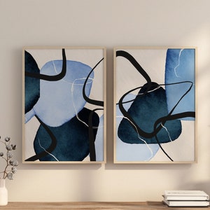 Blue Abstract Wall Art, Navy and Sky Blue Printable Wall Art Pair of 2 Prints, Geometric Hallway Print, Living Room Wall Decor