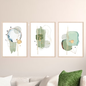 Sage Green Abstract Wall Art, Watercolour Shapes Printable Wall Art, Set of 3 Prints, Geometric Living Room Wall Decor,