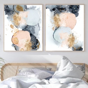 Arte de pared abstracto, formas de acuarela de oro rosa azul, arte de pared imprimible, estampados geométricos de pasillo, hermosa decoración de pared de salón