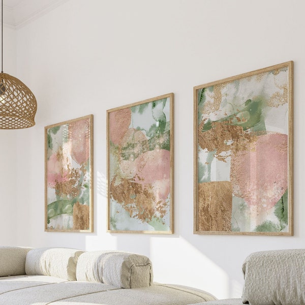 Abstract Print Set of 3, Blush Pink, Olive Green Printable Wall Art, Hallway Poster Set, Modern Living Room Wall Decor