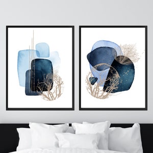 Blue Abstract Wall Art, Navy and Gold Watercolour Shapes Printable Wall Art Set of 2 Prints, Modern Living Room Print Set, Blue Dorm Room.