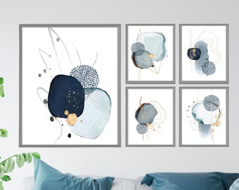 Blue and Grey Abstract Wall Art Set of 5, Navy Modern Minimalist Poster, Living Room Decor, Bedroom Printable, Hallway Contemporary Art