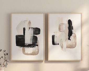 Láminas de arte abstracto, arte de pared imprimible en dorado y negro neutro, pinceladas de colores en bloques, juego de 2, decoración de pared minimalista moderna para sala de estar