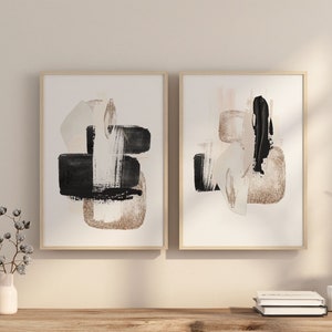 Abstract Art Prints, Neutral Black Gold Printable Wall Art, Block Colour Brush Strokes, Set of 2 Modern Minimalist Living Room Wall Decor