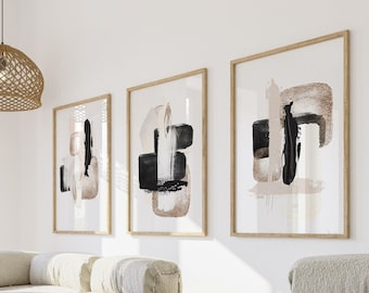 Impresiones de arte abstracto, arte de pared imprimible en oro negro neutro, pinceladas de color en bloque, conjunto de 3, decoración de pared de sala de estar minimalista moderna