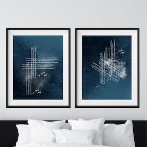 Abstract Wall Art, Geometric Shapes Printable Wall Art, Navy Blue Set of 2 Prints, Living Room Wall Decor, Bedroom Print Set