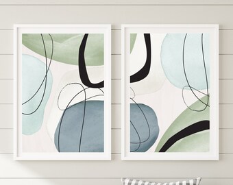 Abstract Art Print, Sage Green, Blue Grey Modern Shapes Printable Wall Art, Nordic Set of 2 Geometric Hallway Prints, Living Room Wall Decor