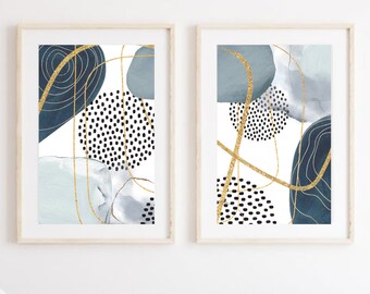 Art mural abstrait, art mural imprimable formes aquarelle, lot de 2 impressions or gris marine, lot d&#39;impressions géométriques
