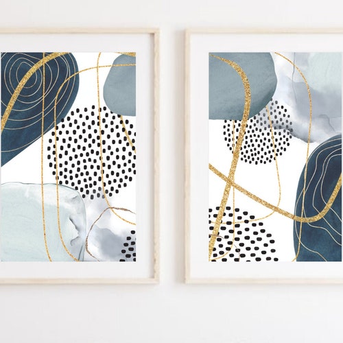 Blue and Grey Abstract Wall Art Set of 2 Navy Modern Etsy