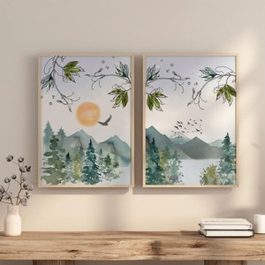 Conjunto de impresión de arte de pared de la cordillera del paisaje, arte de la pared imprimible del paisaje abstracto de la acuarela, decoración nórdica del hogar, decoración de la pared de la sala de estar