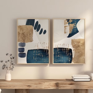 Set of 2 Navy Blue and Gold Wall Art Prints, Modern Geometric Abstract Printable Wall Art, Blue Living Room Decor, Minimalist Hallway Poster