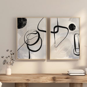 Minimalist Line Drawing Grey Black Modern Nordic Printable Gallery Wall Art Set of 2 Living Room Wall Decor, Abstract Hallway Prints