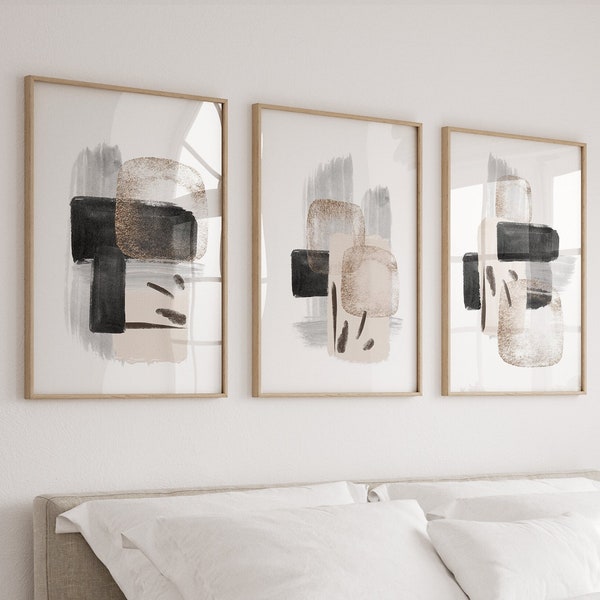 Abstract Art Prints, Black Gold Printable Wall Art, Block Colour Brush Strokes, Set of 3 Living Room Wall Decor, Office Wall Poster Set