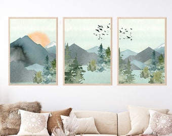 Abstract Landscape Prints, Watercolour Landscape Printable Wall Art Set of 3, Mountain Range Forest Print Set, Living Room Wall Decor,