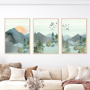 Abstract Landscape Prints, Watercolour Landscape Printable Wall Art Set of 3, Mountain Range Forest Print Set, Living Room Wall Decor,