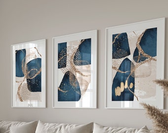Abstract Prints, Blue Gold Beige Acrylic Painting Printable Wall Art Set of 3, Navy Blue Living Room Wall Decor, Home Office Artwork