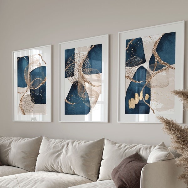 Impressions abstraites, bleu or Beige peinture acrylique imprimable Wall Art ensemble de 3, bleu marine salon décoration murale, oeuvre de bureau à domicile