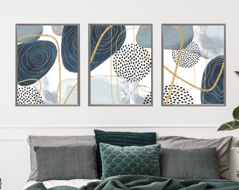 Abstract Wall Art, Watercolour Shapes Printable Wall Art, Navy Grey Gold  Set of 3 Prints, Geometric Print Set