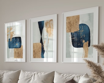 Abstract Prints, Blue Gold Acrylic Painting Printable Wall Art Set of 3, Navy Blue Living Room Wall Decor, Home Office Artwork