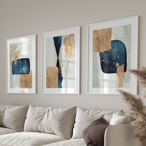 Abstrakte Drucke, Blau Gold Acryl Gemälde druckbare Wand Kunst 3er Set, Marine Blau Wohnzimmer Wand Dekor, Haus Büro Kunstwerk