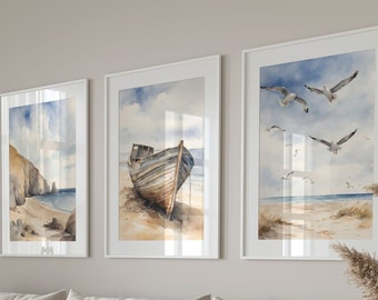 Beach Watercolor Print Set: Coastal Living Room Wall Art (Digital Download)
