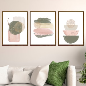 Abstract Wall Art, Watercolor Shapes Printable Wall Art, Green Pink Gold  Set of 3 Prints, Geometric Hallway Print Set
