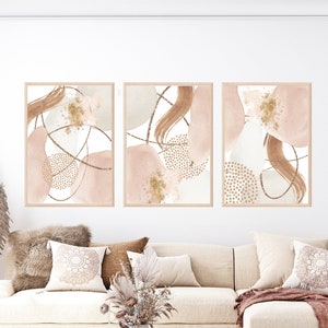 Abstract Wall Art, Neutral Printable Wall Art, Pink Set of 3 Prints, Modern Living Room Print Set