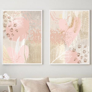 Pink Abstract Wall Art, Pastel Pink Soft Gold Printable Wall Art Set of 2 Hallway Print, Living Room Wall Decor