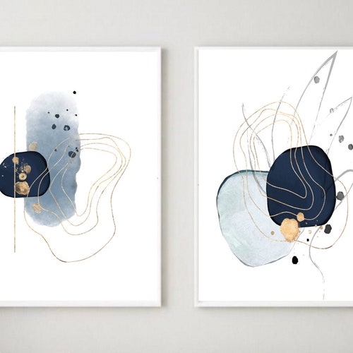 Blue and Grey Abstract Wall Art Set of 2 Modern Minimalist - Etsy