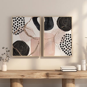 Arte de pared abstracto, arte de pared imprimible de formas de acuarela, conjunto de oro negro rosa de 2, conjunto de impresión de pasillo geométrico, decoración de la pared de la sala de estar