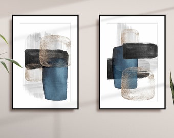 Abstract Art Prints, Black Grey Blue Gold Printable Wall Art, Block Colour Brush Strokes, Set of 2