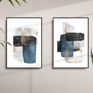 Abstract Art Prints, Black Grey Blue Gold Printable Wall Art, Block Colour Brush Strokes, Set of 2