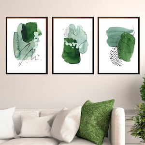 Abstract Wall Art, Watercolour Shapes Printable Wall Art, Green and Black Set of 3 Prints, Modern Hallway Print, Living Room Wall Decor