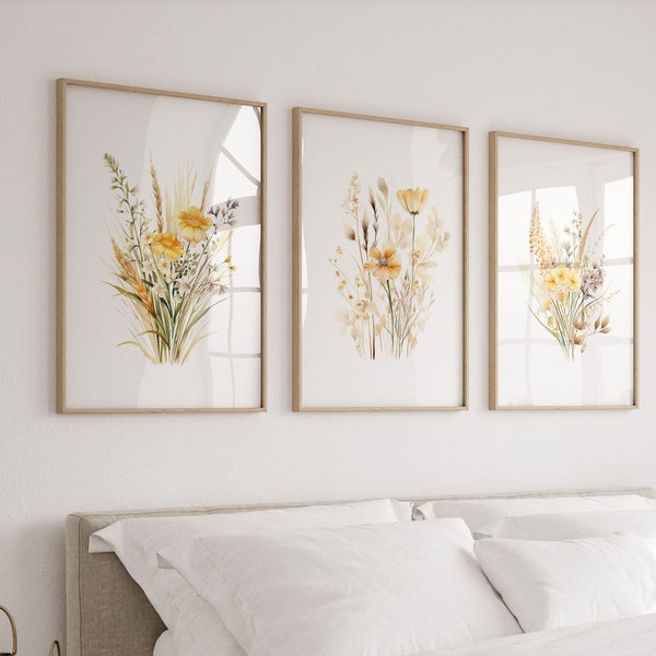 Wildflower Print Set of 3, Floral Printable Wall Art, Botanical Wall Decor, Neutral Farmhouse Poster, Watercolour Flowers Living Room Prints