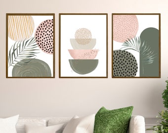 3 PIECE WALL ART - Gallery Wall Set - Digital Pink And Green Shapes Printable Wall Print - Beautiful Downloadable Hallway Geometric Wall Art