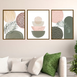 3 PIECE WALL ART - Gallery Wall Set - Digital Pink And Green Shapes Printable Wall Print - Beautiful Downloadable Hallway Geometric Wall Art