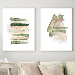 Green Abstract Print Set of 2, Simple Green and Gold Modern Printable Wall Art, Minimalist Hallway Print, Living Room Gallery Wall  Decor