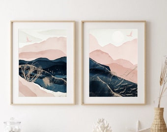 Pink and Navy Landscape Prints, Pink and Blue Watercolor Landscape Abstract Printable Wall Art, Minimalist Living Room Wall Decor