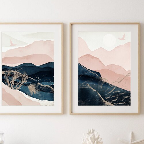 Abstract Wall Art Navy Pink Gold Watercolour Shapes Printable Etsy