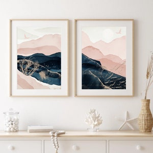 Pink and Navy Landscape Prints, Pink and Blue Watercolor Landscape Abstract Printable Wall Art, Minimalist Living Room Wall Decor