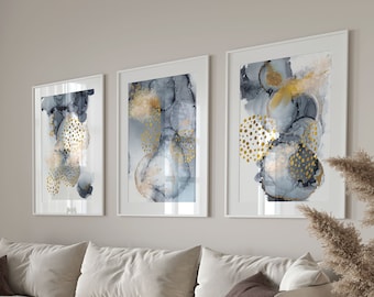 Abstract Wall Art, Grey Printable Wall Art, Grey and Gold Modern Living Room Wall Decor, Hallway Print Set of 3