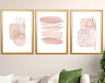 Pink and Gold Abstract Prints, Watercolour Abstract Printable Wall Art Set of 3, Neutral Tones Modern Minimalist Wall Art