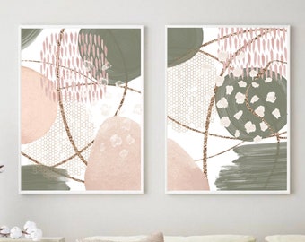 Arte de pared abstracto, arte de pared imprimible de formas de acuarela, rosa, verde, oro conjunto de 2 impresiones, impresión de pasillo contemporáneo, decoración de la sala de estar
