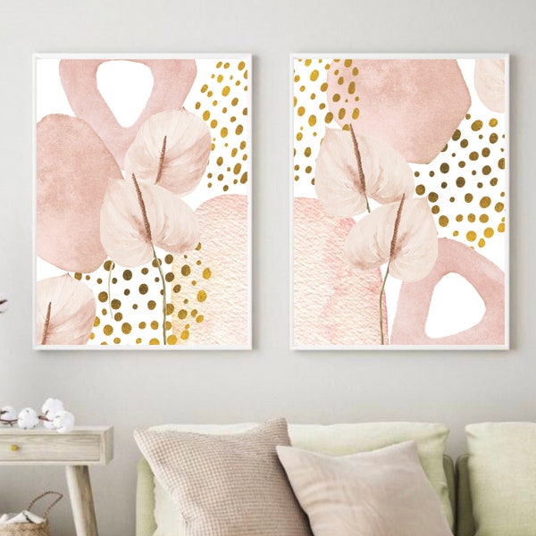 Abstract Wall Art, Watercolour Shapes Printable Wall Art, Rose Pink and  Gold  Set of 2 Prints, Modern Living Room Wall Decor