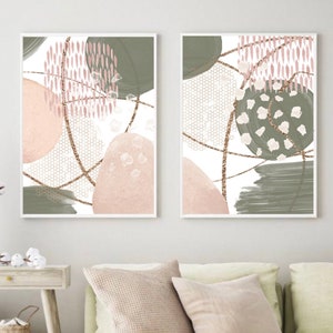 Abstract Wall Art, Watercolour Shapes Printable Wall Art, Pink, Green, Gold Set of 2 Prints, Contemporary Hallway Print, Living Room Decor
