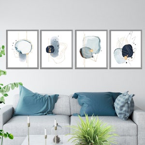 Blue and Grey Abstract Wall Art Set of 4, Navy Modern Minimalist Poster, Living Room Decor, Bedroom Printable, Hallway Contemporary Art