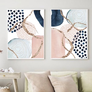 Abstract Wall Art, Watercolour Shapes Printable Wall Art, Pink Blue Gold  Set of 2 Prints, Geometric Hallway Print Set
