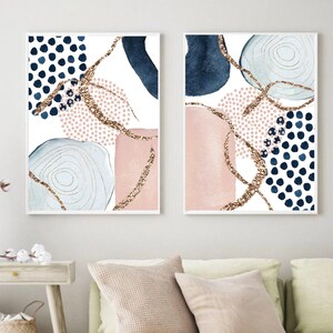 Arte murale astratta, arte murale stampabile con forme acquerellate, set di 2 stampe rosa, blu e oro, set di stampe geometriche per corridoi
