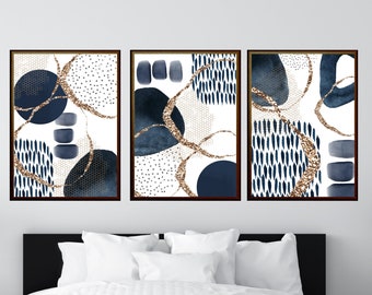 Abstract Wall Art, Watercolour Shapes Printable Wall Art, Navy Blue Gold  Set of 3 Prints, Geometric Print Set